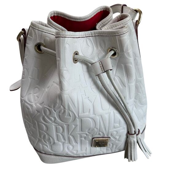 Dooney & Bourke Drawstring Embossed Leather Logo Bucket Bag White - Picture 1 of 16